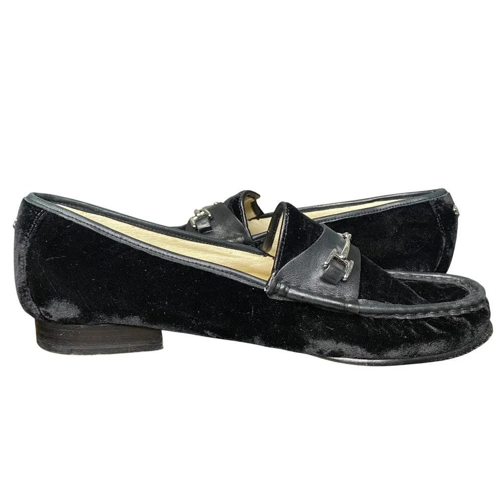 Sam Edelman Talia Velvet Loafers Black Leather Bit Buckle Women's Shoes‎ 8